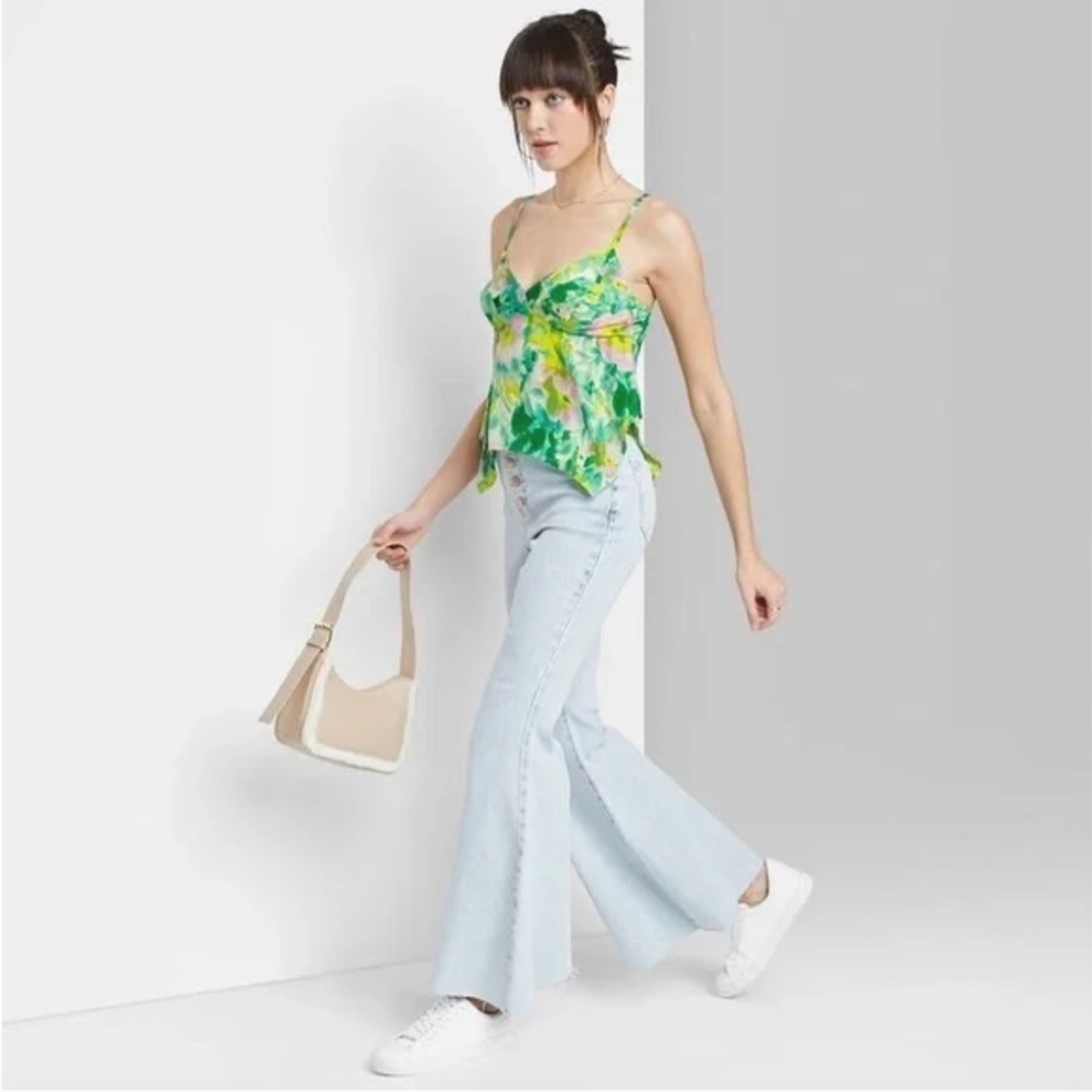 Lime Green Floral Satin Handkerchief Hem Tank Top (NWOT)